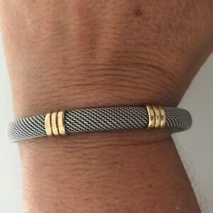VINTAGE Y2K MESH CUFF STAINLESS STEEL BRACELET WITH GOLD-TONE ACCENTS